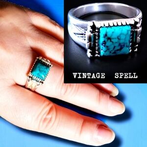 Vintage Spell Designs 925 Sterling Silver Turquoise Engraved Bohemian Ring 8